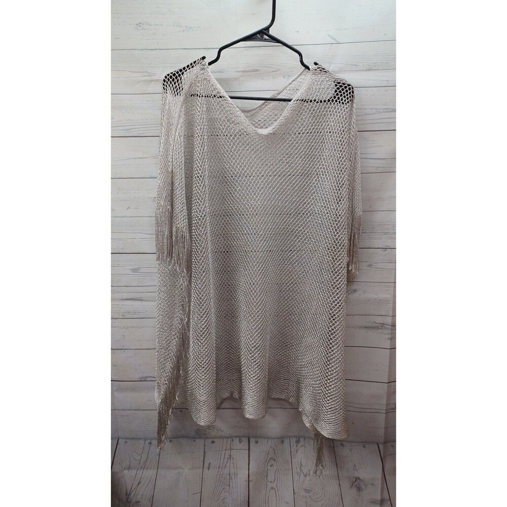 Womens Open Knit Crochet Poncho Fringe Silver Metallic One Size